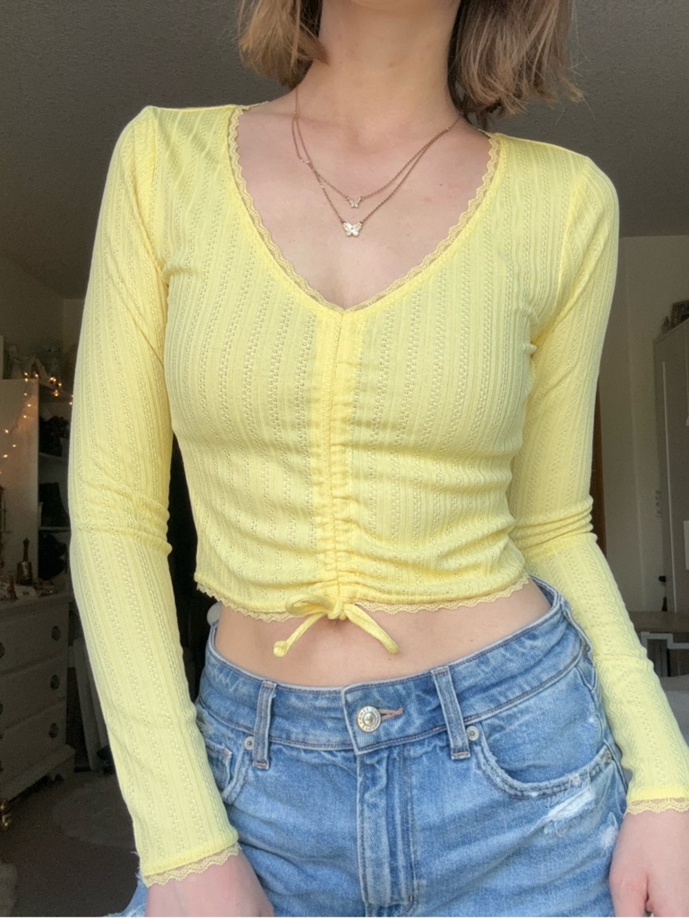 forever 21 pale yellow lace trim pointelle long sleeve v-neck top